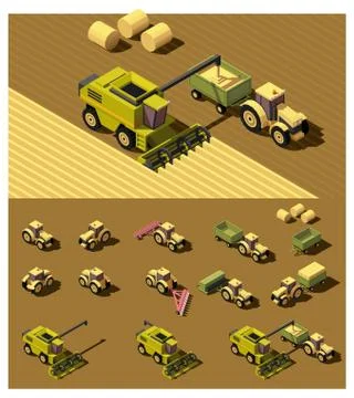 Vector isometric low poly agricultural machinery Stock Illustration