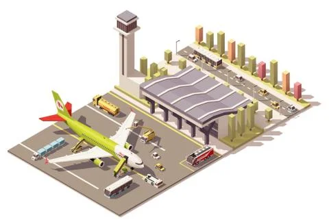 Vector isometric low poly airport terminal building with airplane and Ground Stock Illustration