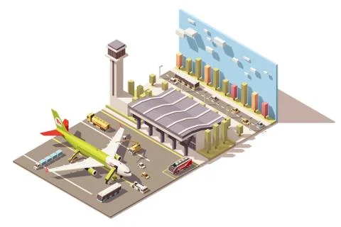 Vector isometric low poly airport terminal building with airplane and Ground Stock Illustration