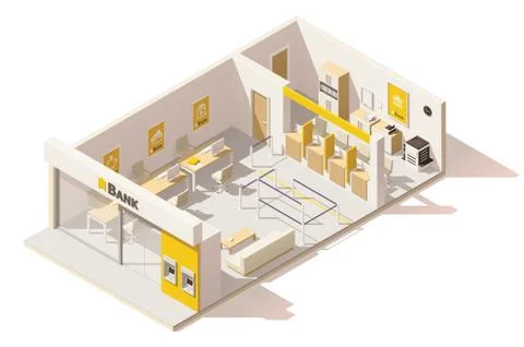Vector isometric low poly bank interior Stock Illustration
