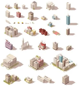 Vector isometric low poly buildings set Ilustración de archivo