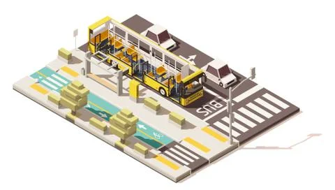 Vector isometric low poly bus on the bus lane Stock Illustration