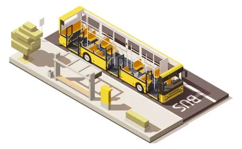 Vector isometric low poly bus near the bus stop Stock Illustration