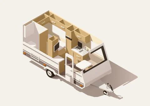 Vector isometric low poly camper trailer Stock Illustration