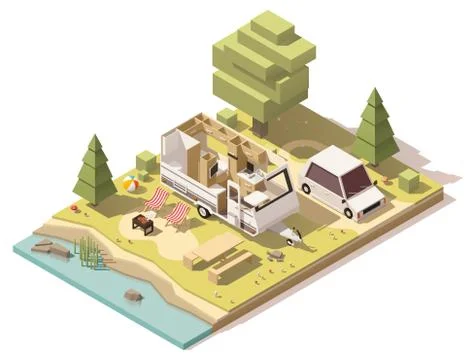 Vector isometric low poly camper in campsite Stock Illustration
