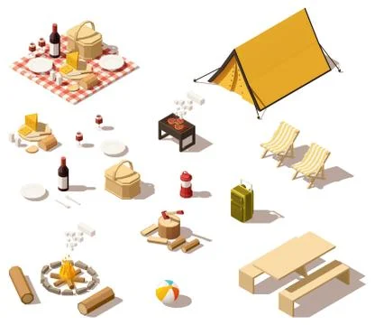 Vector isometric low poly camping equipment Stock Illustration
