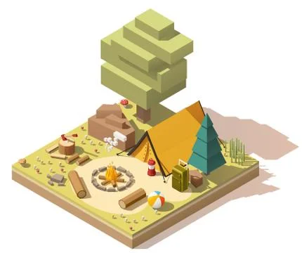 Vector isometric low poly campsite Stock Illustration