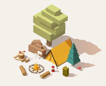 Vector isometric low poly campsite Stock Illustration