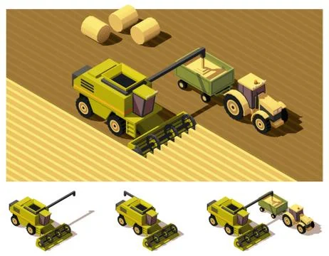 Vector isometric low poly combine harvester mowing Stock Illustration
