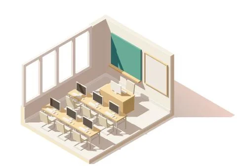 Vector isometric low poly computer classroom Illustrazione stock