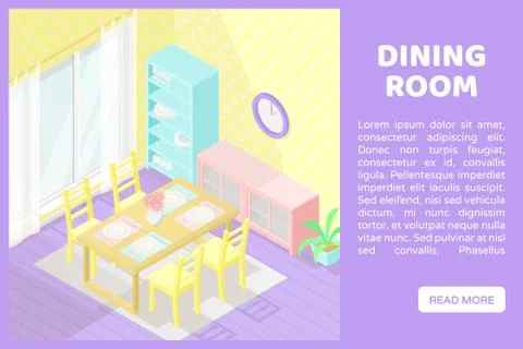 Vector isometric low poly cutaway interior illustartion. Dining room. Stock Illustration