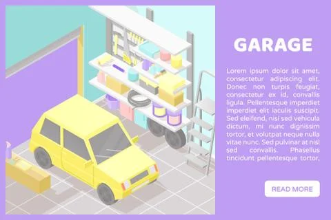 Vector isometric low poly cutaway interior illustartion. Garage Stock Illustration