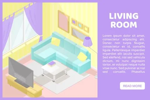 Vector isometric low poly cutaway interior illustartion. Living room. Banner for Stock Illustration