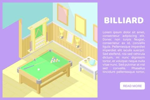 Vector isometric low poly cutaway interior illustartion. Billiard or pool room Stock Illustration