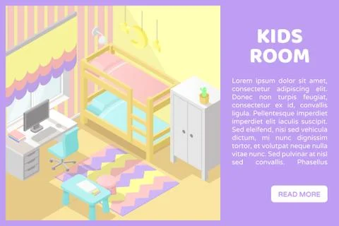 Vector isometric low poly cutaway interior illustartion. Kids room. Banner for a Stock Illustration