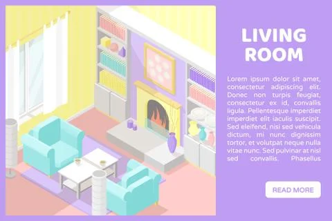 Vector isometric low poly cutaway interior illustartion. Living room Stock Illustration