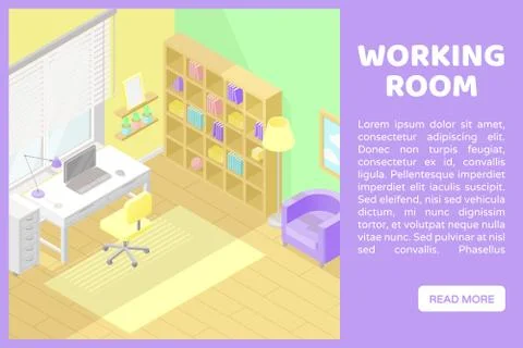Vector isometric low poly cutaway interior illustartion. Working room Stock Illustration
