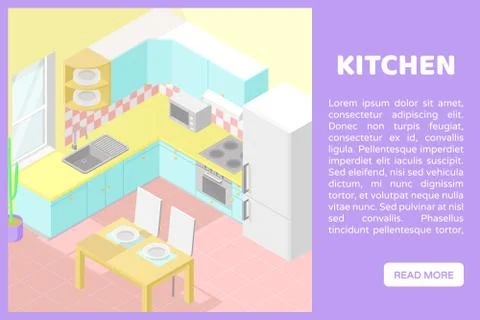 Vector isometric low poly cutaway interior illustartion. Kitchen. Banner for a Stock Illustration
