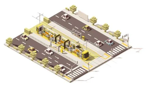 Vector isometric low poly dedicated tram lane Stock Illustration