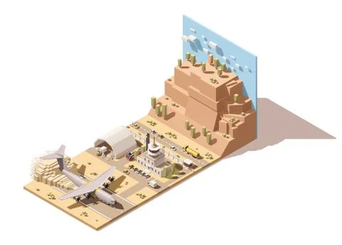 Vector isometric low poly desert airport terminal building and control tower Ilustración de archivo