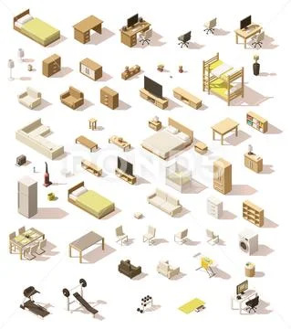 Vector isometric low poly domestic furniture set Stock Illustration