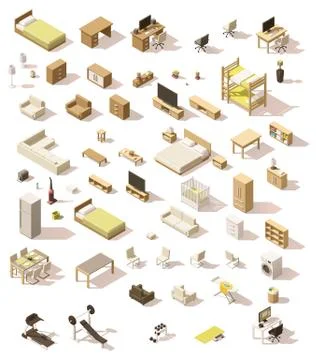 Vector isometric low poly domestic furniture set Stock Illustration