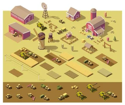 Vector isometric low poly farm elements Stock Illustration