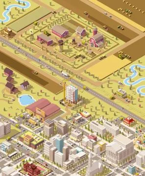 Vector isometric low poly farm and city Stock Illustration