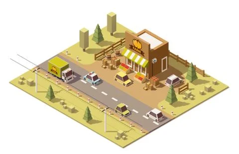 Vector isometric low poly farmers food store Stock Illustration