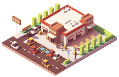 Vector isometric low poly fast food restaurant Stock Illustration