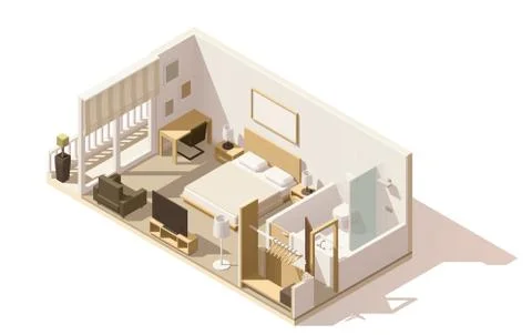 Vector isometric low poly hotel room icon Stock Illustration