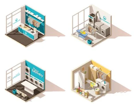 Vector isometric low poly laundry icon set Stock Illustration