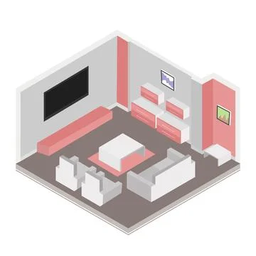 Vector isometric low poly living room cutaway icon. Room includes sofa, cof.. Stock Illustration