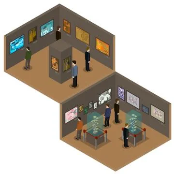 Vector isometric low poly museum or art gallery interior Stock Illustration