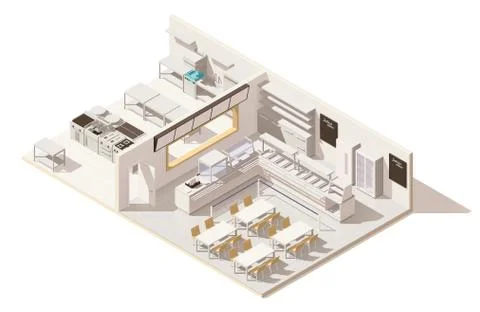 Vector isometric low poly restaurant with kitchen Stock Illustration