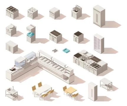 Vector isometric low poly restaurant equipment Stock Illustration