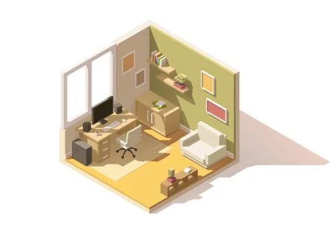 Vector isometric low poly room cutaway icon Stock Illustration