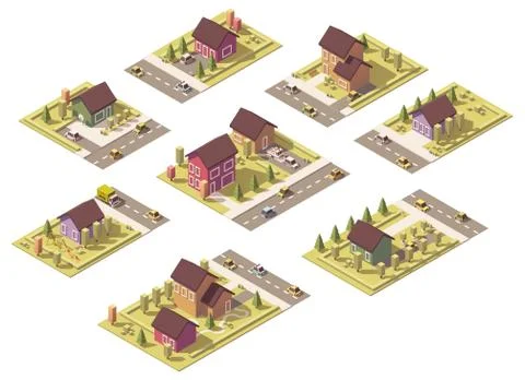 Vector isometric low poly suburban buildings Stock Illustration