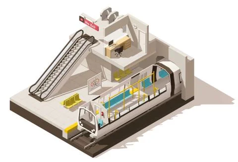 Vector isometric low poly subway station cutaway Stock Illustration
