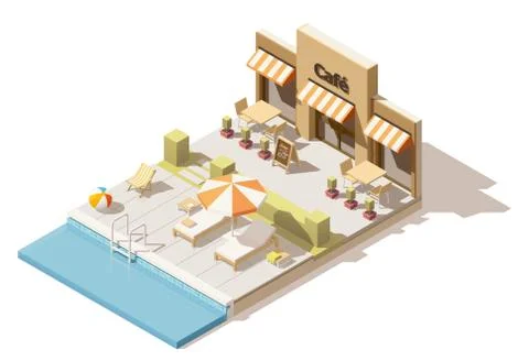 Vector isometric low poly swimming pool and cafe Stock Illustration