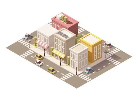 Vector isometric low poly town street with buildings Stock Illustration