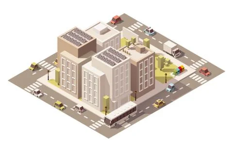 Vector isometric low poly town street with buildings Stock Illustration