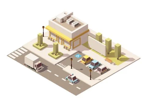 Vector isometric low poly urban supermarket Stock Illustration