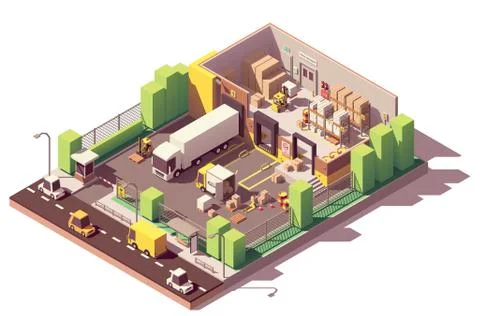 Vector isometric low poly warehouse cross-section Stock Illustration