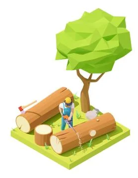 Vector isometric lumberjack cutting tree with chainsaw Stock Illustration