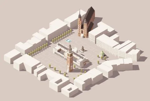 Vector isometric Main Market Square of the Krakow, Poland map Stock Illustration