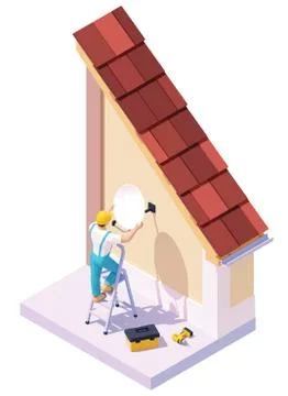 Vector isometric man installing tv satellite dish Stock Illustration