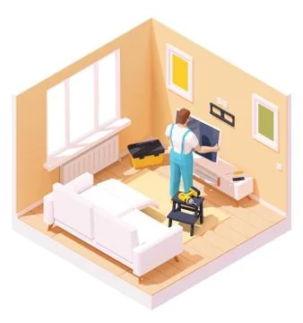 Vector isometric man at TV installation Stock Illustration