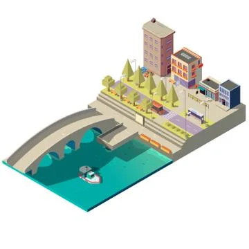 Vector isometric map of town with buildings Stockillustratie