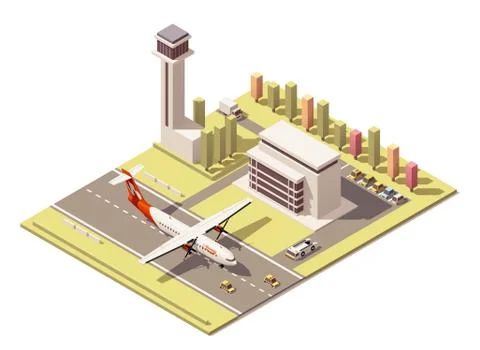 Vector isometric minimalistic low poly airport terminal building with control Stock Illustration